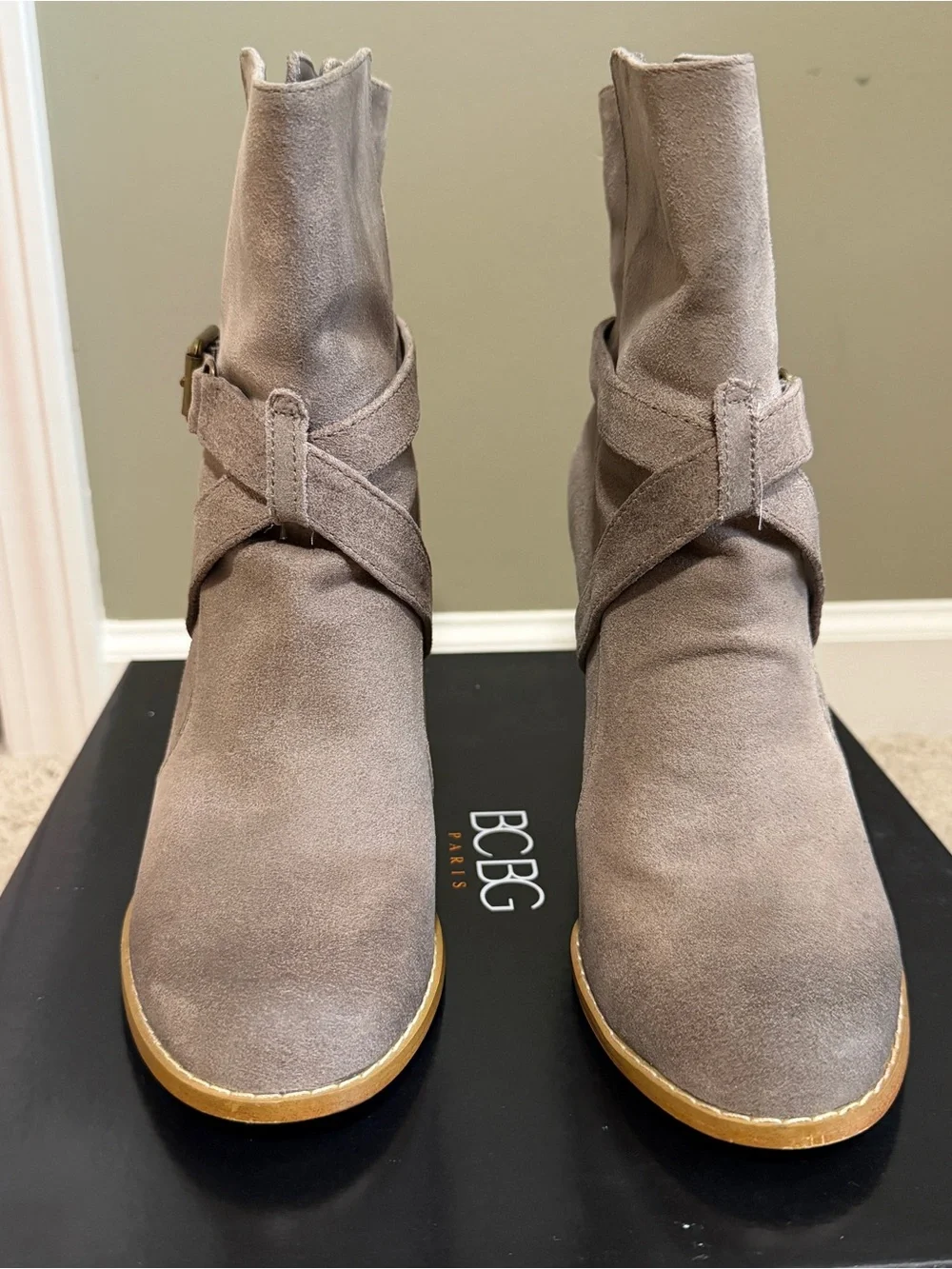 BCBG Women's Taupe Suede Wedge Ankle Boots